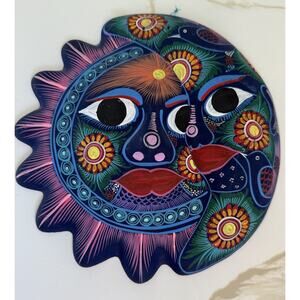 Sun And Moon Face Eclipse Mexican Wall Bright Multicolored Ceramic 9x8” Signed